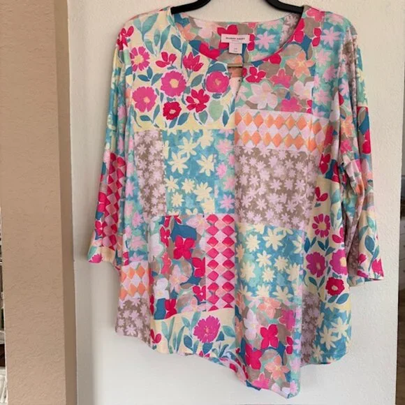 Allison Daley Womens 2X Tunic Patchwork Pastels 3/4 Sleeve Handkerchief Hem NWT - Picture 2 of 7